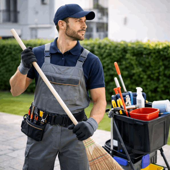 Hausmeister fegt den Hof