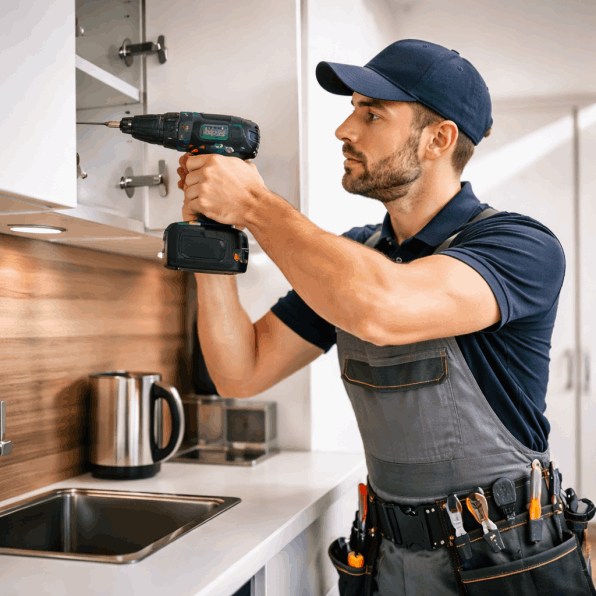 Handwerker mit Akkuschrauber bei Küchenmontage